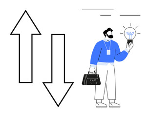Man with a briefcase holding a glowing light bulb symbolizing ideas. Two arrows signify upward progress and downward challenges. Ideal for creativity, business solution, decision-making, growth