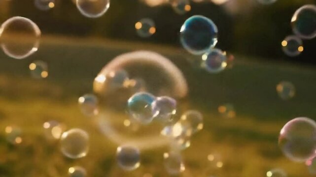 Bubbles floating in golden light a whimsical dreamscape of summer and childhood memories video 4k, background