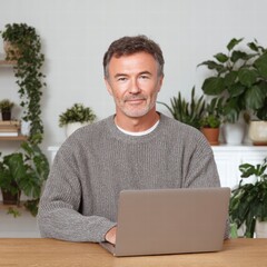 Financial planning retirement tools concept. Smiling man with a laptop surrounded by indoor plants in a cozy, modern workspace.