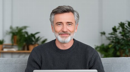 Financial planning retirement tools concept. Smiling mature man with a beard sitting on a couch, working on a laptop with indoor plants in the background.