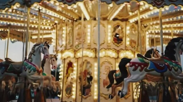 Carousel ride horses vintage fairground merry go round amusement park attraction for kids and adults video 4k