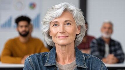 Financial planning retirement tools concept. Confident older woman in front of a group, showcasing leadership and wisdom in a professional setting.