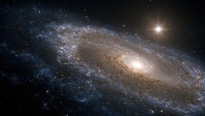 Andromeda galaxy shines with dust lanes and bright star in deep space view