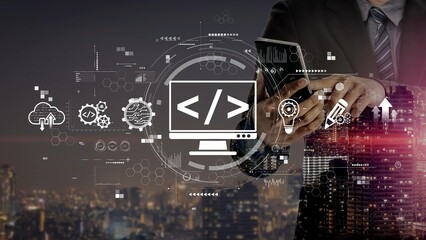 Modern web development concept featuring coding symbols, web development process, web development...