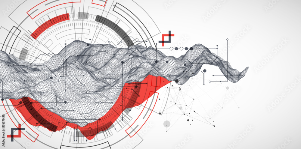 Aufkleber Abstract data background with wireframe wave and circuit lines. Technology concept. Vector