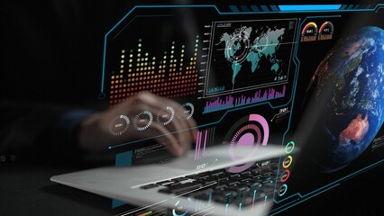 High-tech global network connection interface showing worldwide digital communication, data...