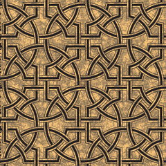 Vector art deco seamless pattern with golden watercolor painted texture on a black background