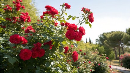 Red roses bush with a summer background featuring a bush of red rose flowers.flower, flowers, garden, nature, red, plant, summer, blossom, pink, bloom, beauty, spring, rose, floral, flora, 