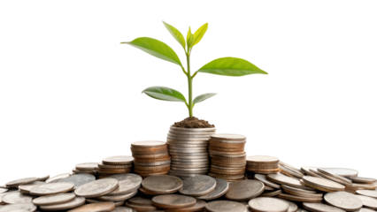 Investment growth concept plant growing out of money coins financial planning and savings wealth 100 isolated on transparent background