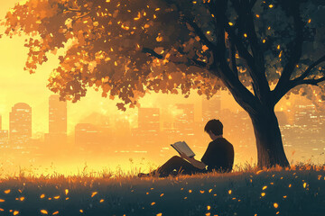 Young man reads a book under a tree with a city skyline at sunset
