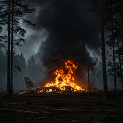 Airplane crash site engulfed in flames and thick smoke, surrounded by forest debris and destruction 