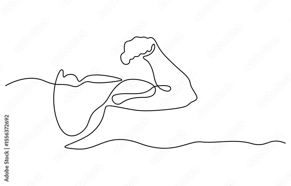 Poster arm shows bicep fist. man's hand shows a fist on the biceps in line style. shows bicep continuous on