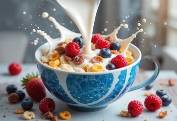 Breakfast Cereal with Milk Splash and Berries, 32k Details Resolution