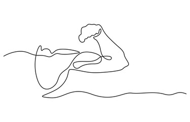 Arm shows bicep fist. Man's hand shows a fist on the biceps in line style. shows bicep continuous one line vector drawing. man bodybuilder pose charmingly vector illustration.