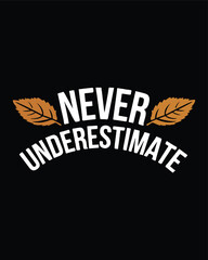 Never underestimate motivational quote with leaf accents on black background