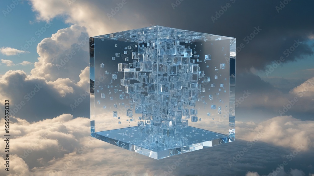 Poster translucent cube with floating cubes inside against a backdrop of fluffy clouds during a clear day