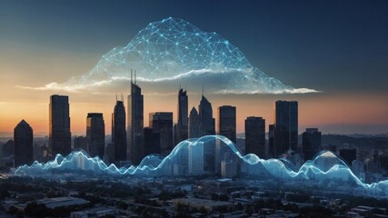 City Skyline at Sunset With Digital Cloud Overlay Representing Technology and Data Connectivity in an Urban Landscape