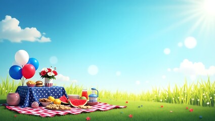 Festive fourth of july picnic spread with red white and blue decorations