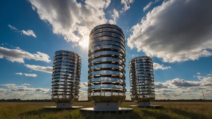 Three Large Wind Turbines Stand in a Grassy Field Under a Bright Sky With Clouds During the Afternoon