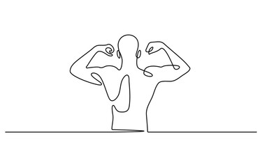 Arm shows bicep fist. Man's hand shows a fist on the biceps in line style. shows bicep continuous one line vector drawing. man bodybuilder pose charmingly vector illustration.