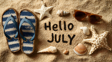 Hello July on sandy beach
