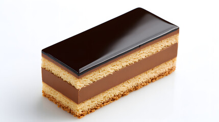 Elegant rectangular chocolate mousse cake with glossy glaze and layered texture on a white background