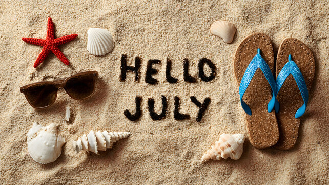 Hello July on sandy beach
