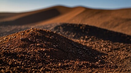Coffee Beans Scattered Across a Sunlit Landscape With Gentle Hills During Early Morning Hours