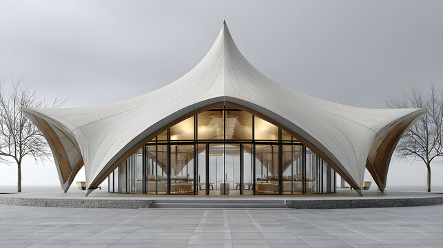 Modern tensile structure building with glass facade and wooden beams