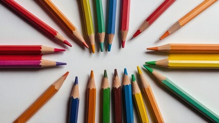 Fototapeta premium Colorful Arrangement of Pencils on a White Surface Showcasing Various Hues in Artistic Presentation During Daylight