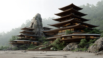 Multi-tiered wooden building with pagoda style roofs on rocky cliffside