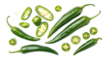 Fresh green jalapeño peppers whole and sliced on black background for spicy food and ingredient ideas isolated on transparent background