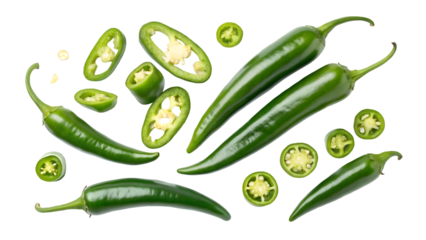 Fresh green jalapeño peppers whole and sliced on black background for spicy food and ingredient ideas isolated on transparent background