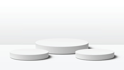 Three White Display Podiums – Minimal Round Stage Product Mockup