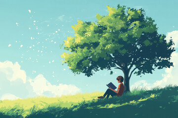 Young person reading a book under a large green tree on a sunny day