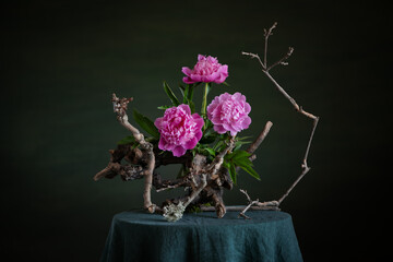 Graceful peonies, radiating elegance and tenderness, with branches and snags. A harmonious combination of the beauty of nature and artistic skill.