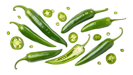 Fresh green jalapeño peppers background image for food blog or spicy recipes and cooking ideas 100 characters isolated on transparent background
