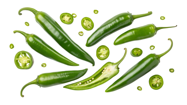Fresh green jalapeño peppers background image for food blog or spicy recipes and cooking ideas 100 characters isolated on transparent background