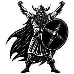 Stylized Black Viking Warrior with Shield and Horned Helmet Vector