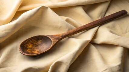 Old wooden spoon worn smooth by time — lying on faded linen