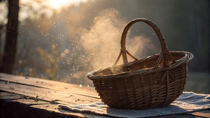 Wicker basket unraveling at the rim — soft light, dust in the air