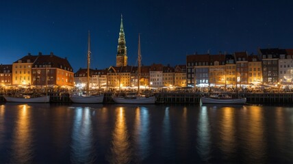 Fototapeta premium City Harbor Illuminated at Night With Historical Buildings and Boats Along Calm Water in a Vibrant Atmosphere