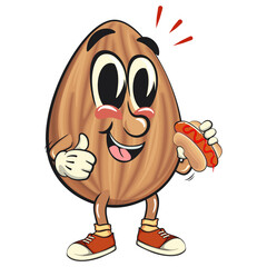 cute almond mascot cartoon vector illustration carrying a hotdog while giving a thumbs up, isolated nut character for healthy food branding, packaging, and snack advertisement, work of hand drawn