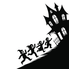 Obraz premium Kids in costume running scared from haunted house silhouette on isolated black and white background