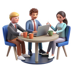 Three cartoon business people collaborating around a table isolated on transparent background