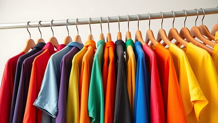 Vibrant rainbow-colored garments displayed neatly on wooden hangers in a minimalist style.