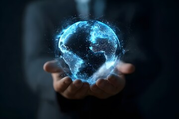 Businessman holding a glowing blue Earth hologram in his Hands on a black background, a digital world concept, technology and global network connection, close-up shot, 4K, ultra-realism, high detail, 