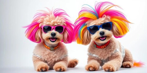 Two stylish poodles in vibrant wigs & sunglasses playfully pose in a studio, pet fashion, fun