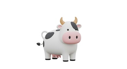 Obraz premium A cute, cartoonish 3D-rendered cow stands against a white background.