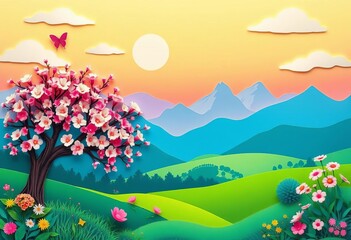 Fototapeta premium Vibrant spring landscape with blooming tree, butterfly, mountains, and clouds in paper cut style, sun, cheerful